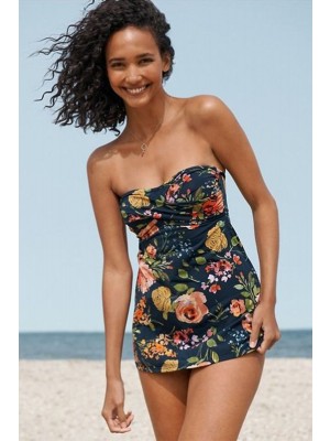Classicl Blue Floral Ruched Halter Spaghetti Straps Swimdress