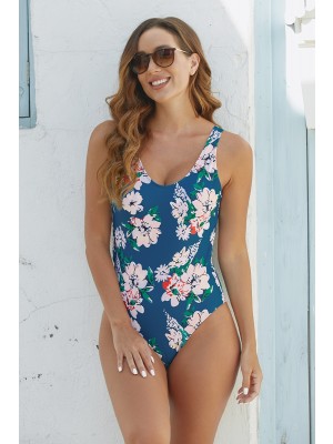 Blue Floral Scoop Neck Two Adjustable Ties Across Back Onepiece Swimsuit