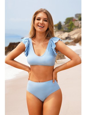 Cute Blue V Neckline Ruffle Sleeves Two Piece Bikini Set