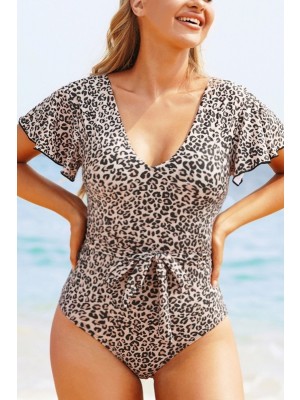 Leopard Print V Neck Ruffles Low Back Onepiece Swimsuit