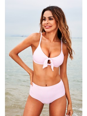 Pink Stripe Scoop Neck Adjustable Straps Knotted High Waist Two Piece Bikini Set