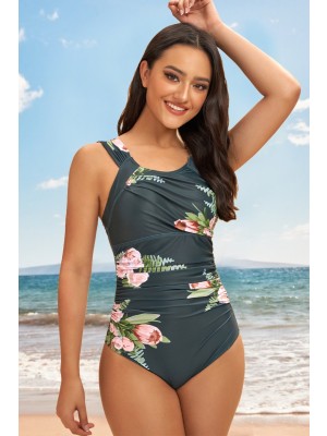 Floral Print Scoop Neck Wide Strap Onepiece Swimsuit
