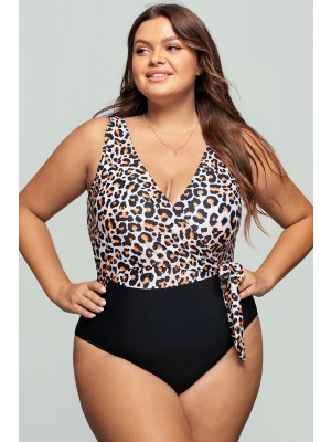 Leopard Wrap Straps Colorblock OnePiece Swimsuit