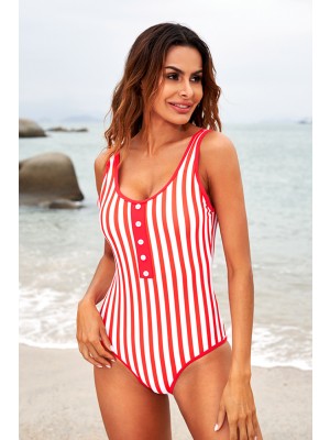 Red And White Striped Scoop Neck Low Back Onepiece Swimsuit
