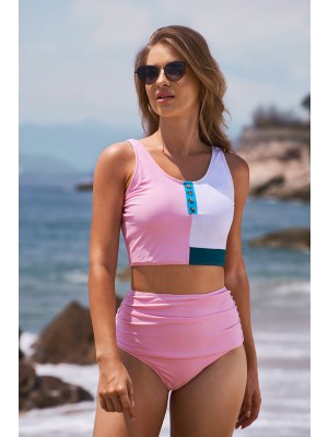 Cute Pink Colorblock High Neck Buttoned High Waist Two Piece Bikini Set