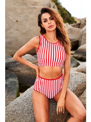 Red And White Striped High Neck High Waist Two Piece Bikini Set