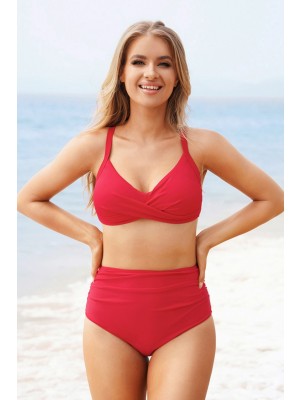 Red V Neck Adjustable Straps Cross Back High Waist Two Piece Bikini Set