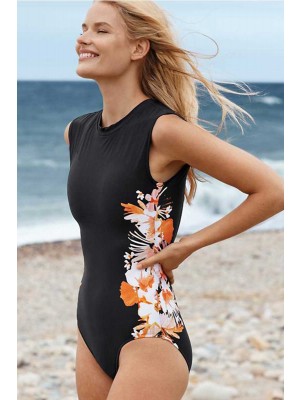 Floral High Neck Capsleeve Onepiece Swimsuit