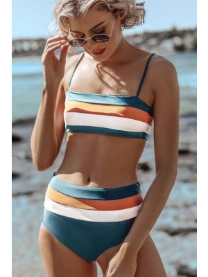 Striped Spaghetti Straps Adjustable Straps High Waist Two-piece Bikini Set