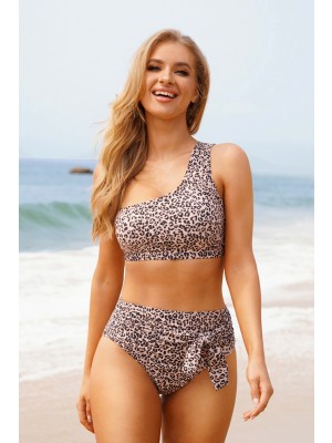 Leopard Print One Shoulder High Waist Two Piece Bikini Set