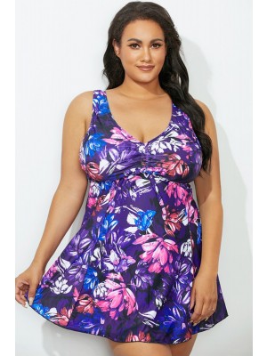 Purple Lotus Tie Front VNeck Swimdress