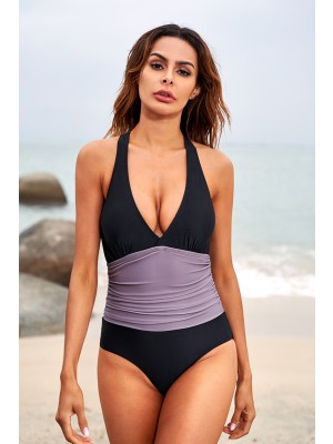 Black Halter Neck Ruched Cutout Back Onepiece Swimsuit