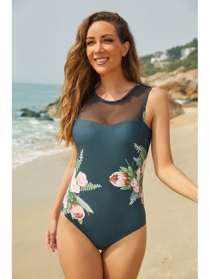 Deep Green Floral Print Wide Straps High Neck Low Back One Piece Swimsuit