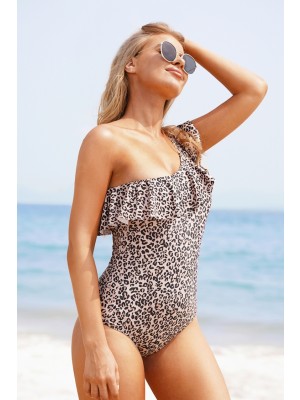 Leopard Print One Shoulder Ruffled Onepiece Swimsuit
