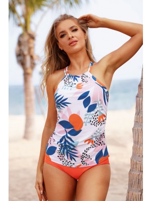 Abstract Floral Print High Neck Adjustable Straps Cross Back Tankini Set