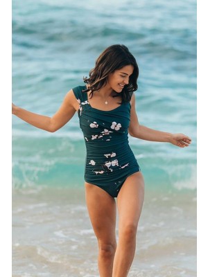Deep Green Floral Print Wide Strap OnePiece Swimsuit
