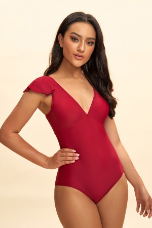 Red V Neck Ruffle One Piece Swimsuit
