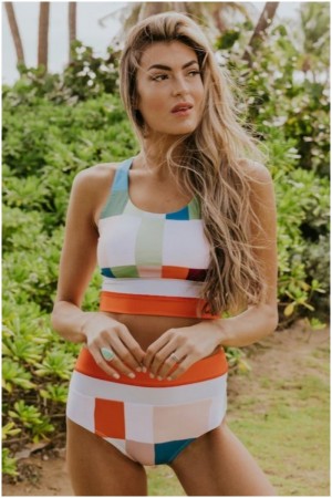 Gingham Colorblock Scoop Neck High Waist Two Piece Bikini Set