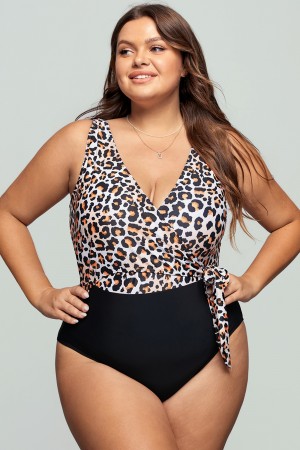 Leopard Wrap Straps Colorblock OnePiece Swimsuit