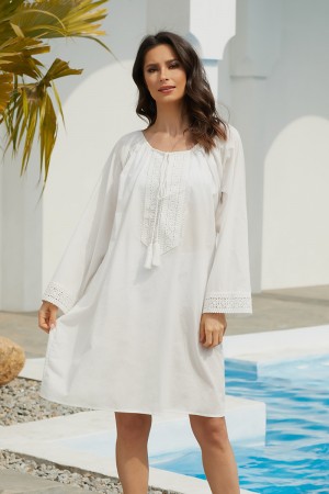 Solid Lace Splicing Elbow Sleeve Tunic Cover Up