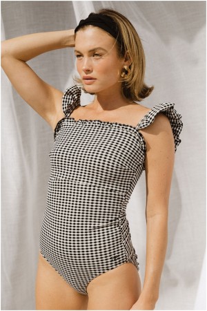 Gingham Ruffle Sleeves One Piece Swimsuit
