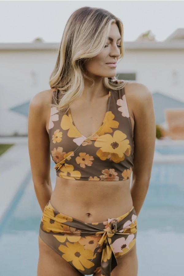 Mocha Floral Switch V Crop Bikini Set