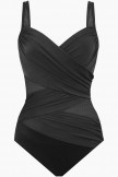 Black Mesh  Ruched V Neck One Piece Swimsuit