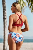 Red V Neck Tie Front Adjustable Straps Low Waisted Two Piece Bikini Set