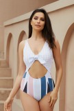 Gingham And Striped Tie Front Onepiece Swimsuit