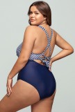 Striped V Neck Wrap Backless OnePiece Swimsuit