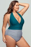 Green And Striped Halter Neck OnePiece Swimsuit