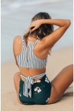 Striped Floral High Neck With Tie Zip Onepiece Swimsuit