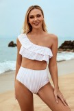 Striped High Waist Ruffle One Shoulder Bikini Swimsuit