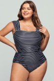 Striped Wide Straps Off Shoulder OnePiece Swimsuit