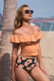 Yellow Off Shoulder Ruffled Tankini Top With Floral Bottom