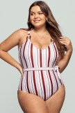 Striped Belted V Neck OnePiece Swimsuit