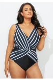 Black Striped Vneck OnePiece Swimsuit